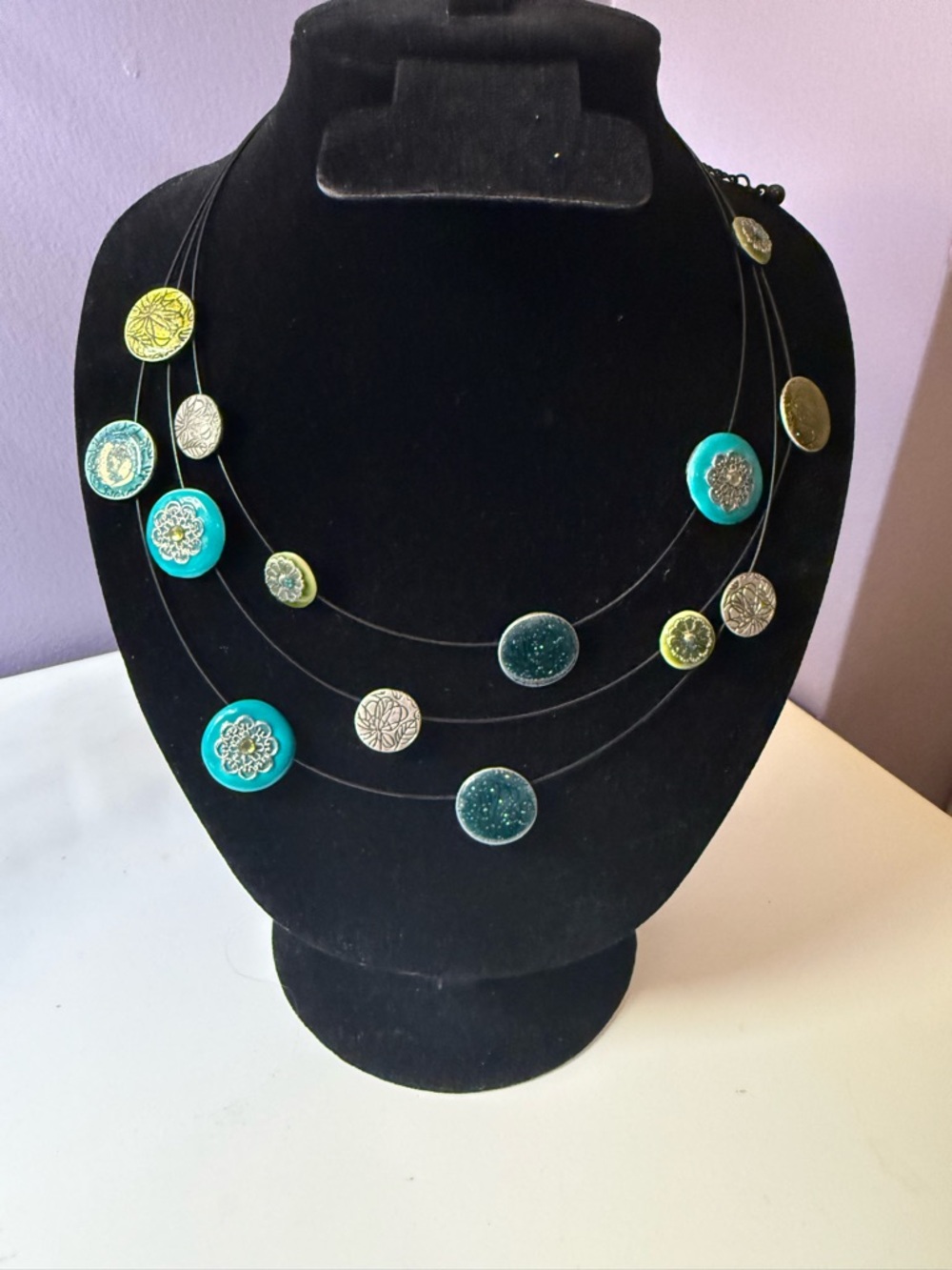 Multi-Strand Turquoise color and Lime Disc Necklace - Women Jewelry